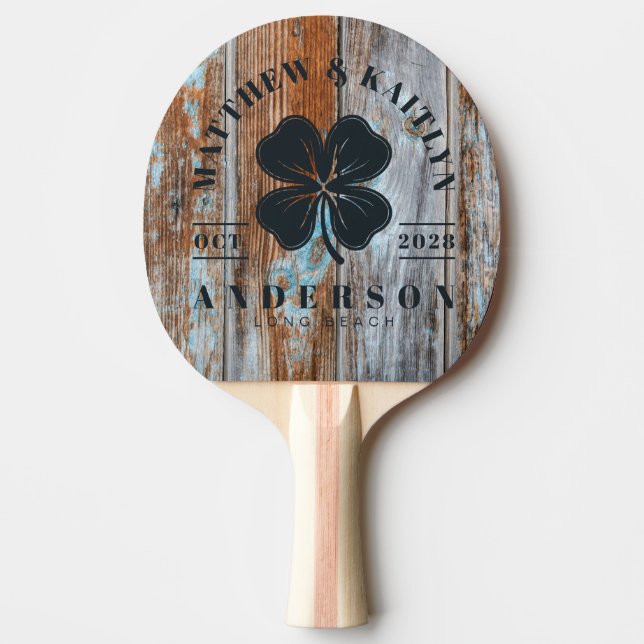 Raquete De Ping Pong Worn Blue Wash Wood Irish Clover Wedding Crest (Frente)