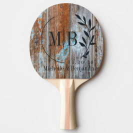 Raquete De Ping Pong Worn Blue Wash Wood Leaf Wedding Monogram