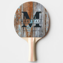 Raquete De Ping Pong Worn Blue Wash Wood Monogram & Name Overlay