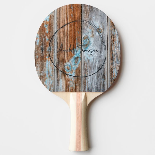 Raquete De Ping Pong Worn Blue Wash Wood Name in Drawn Circle  (Frente)