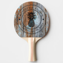 Raquete De Ping Pong Worn Blue Wash Wood Pineapple Wedding Crest & Name