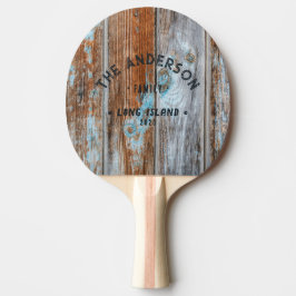 Raquete De Ping Pong Worn Blue Wash Wood Vintage Seaside Family Name