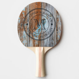 Raquete De Ping Pong Worn Blue Wash Wood Wedding Monogram