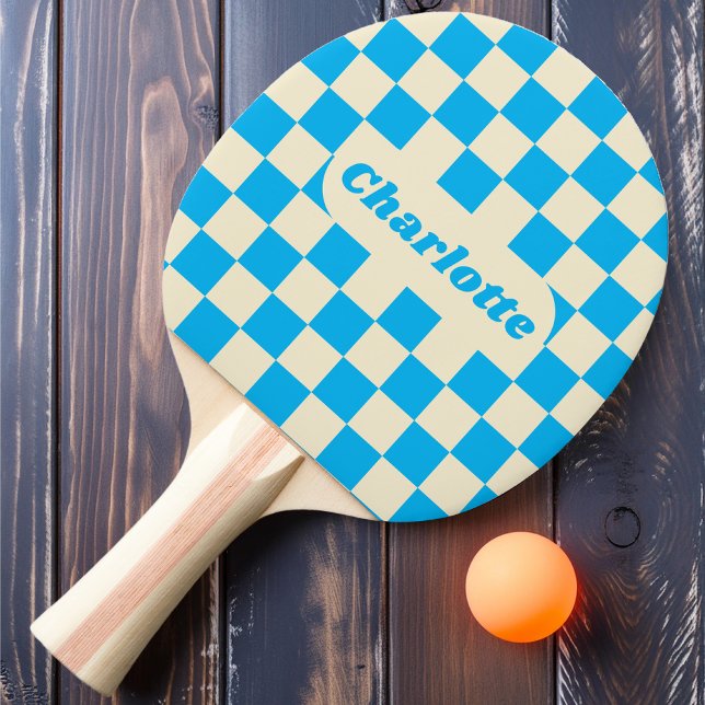 Raquete De Ping Pong Xadrez Azul e Creme com Nome (Criador carregado)