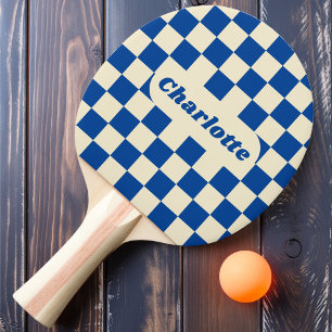 Raquete De Ping Pong Xadrez Azul Marinho e Creme com Nome