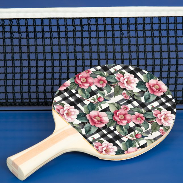 Raquete De Ping Pong Xadrez Preta e Branca com Camellias Rosa Folha (Insitu)