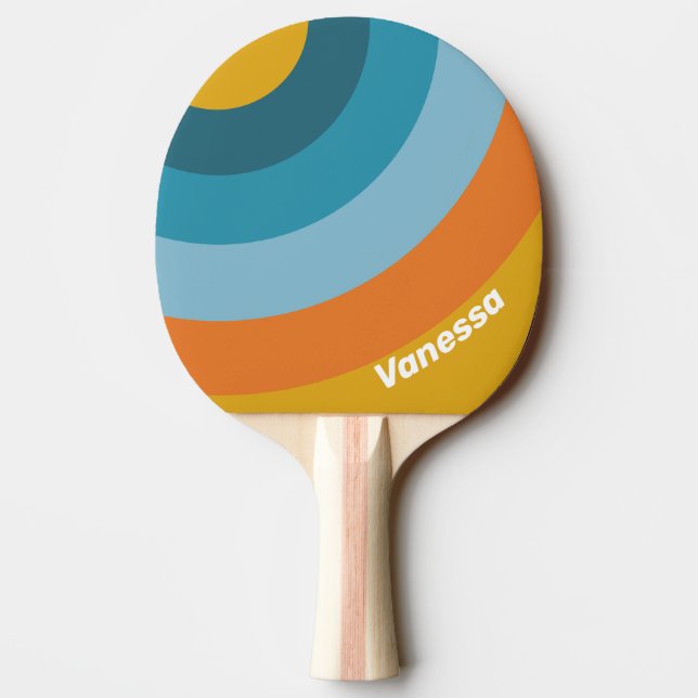 Raquete De Ping Pong Yellow Retro Circle Stripe with Name (Verso)