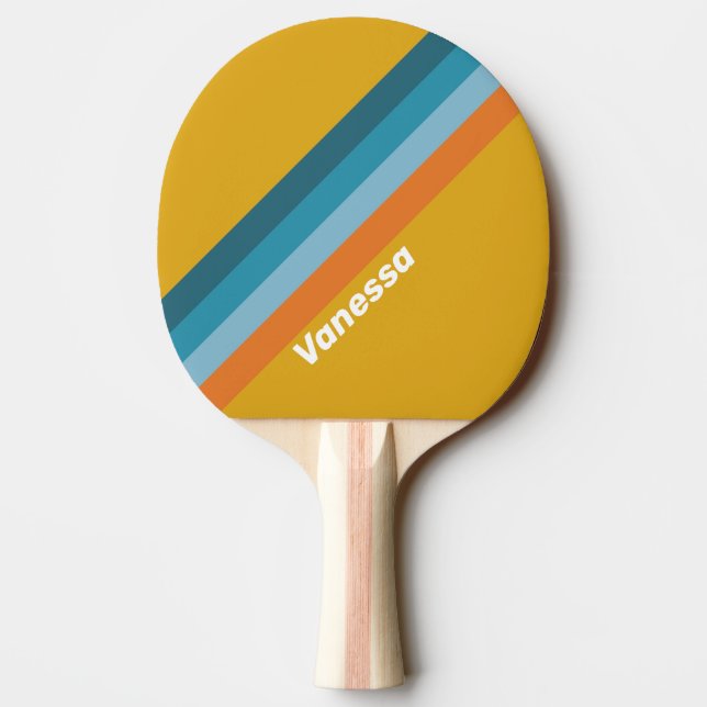 Raquete De Ping Pong Yellow Retro Striping with Name (Verso)