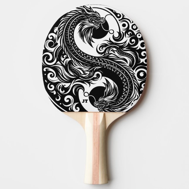 Raquete De Ping Pong Yin Yang Dragon in Black and White Personalized (Frente)
