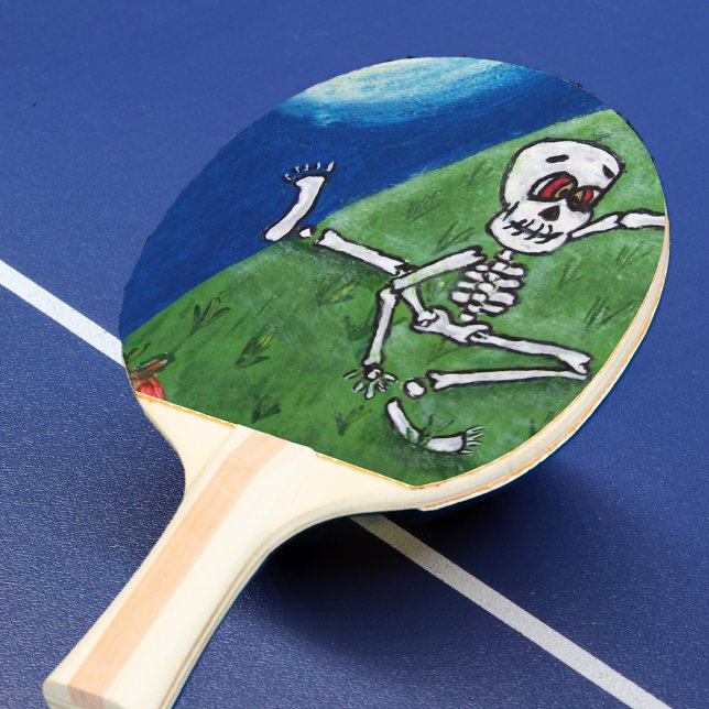 Raquete De Tênis De Mesa Esqueleto de Morcego Dançando Engraçado Lua Hallow (Funny dancing skeleton in grass pumpkins night blue sky on ping pong paddle.)