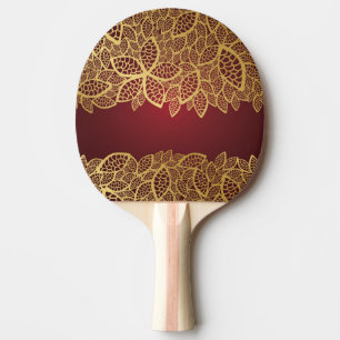 Raquete De Tênis De Mesa Laço dourado da folha no fundo vermelho
