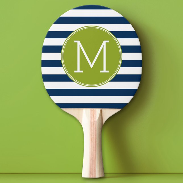 Raquete De Tênis De Mesa Monograma verde de padrão riscado branco e marinho (Custom Monogram Ping Pong Paddle)