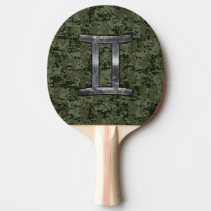Raquete De Tênis De Mesa Símbolo Gemini Zodiac na Camo Digital Verde