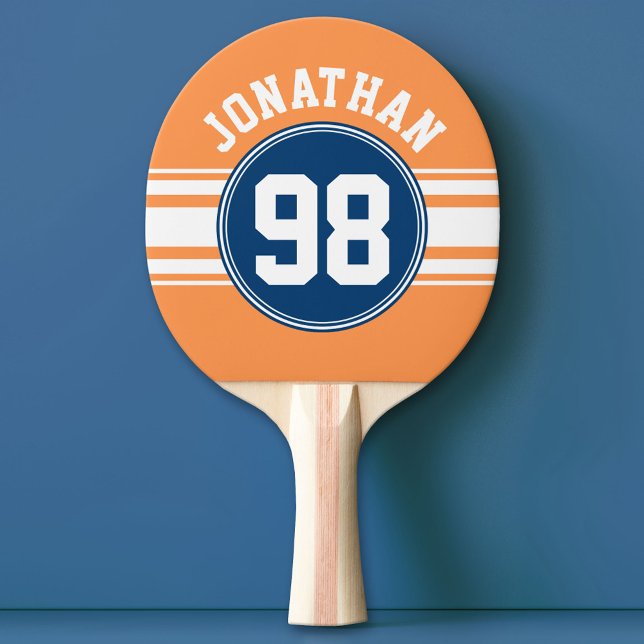 Raquete De Tênis De Mesa Sports Jersey Blue e Orange Strips Número de Nome (Custom Ping Pong Paddle with a Sports Theme)