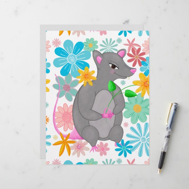 Rato cinza caprichoso fofo com flores pastéis (Frente/Verso In Situ)