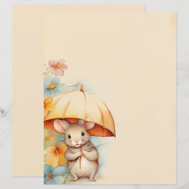 Rato com guarda-chuva amarelo flor laranja azul ro (Frente/Verso)