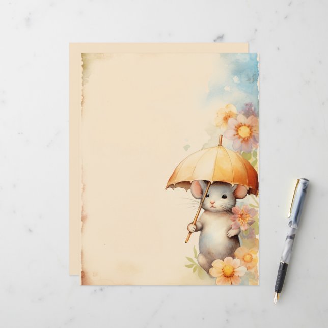 Rato com guarda-chuva amarelo fundo de aquarela (Frente/Verso In Situ)