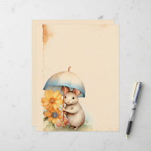 Rato com guarda-chuva e flores laranja em marrom