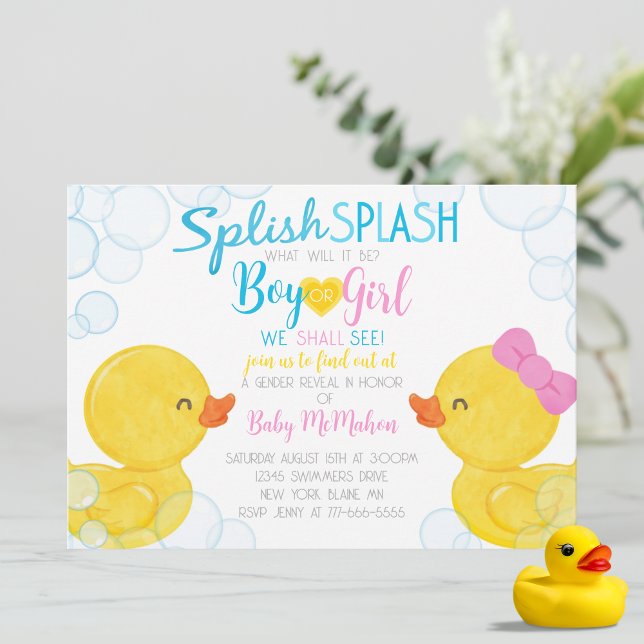 Rato de Borracha Sexo Revelar Convite de festas (Splish Splash Boy or Girl Watercolor Rubber Duck Gender Reveal Party Invitations)