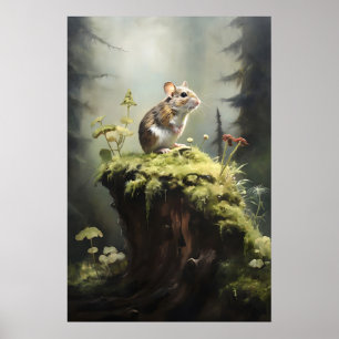 Rato em toco na impressão da parede da floresta, d
