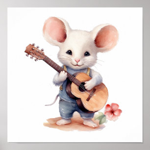 Rato Poster de Arte de Nursery Tocando Violão, Esq