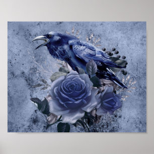 Raven Bird Blue Rosa Whimsical Decoupage Impressão