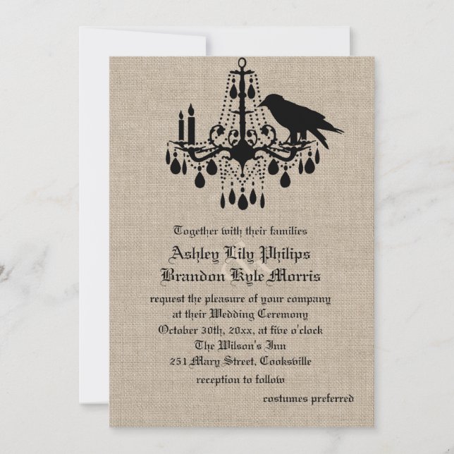 Raven e Damask no Convite de Casamento Burlap (Frente)