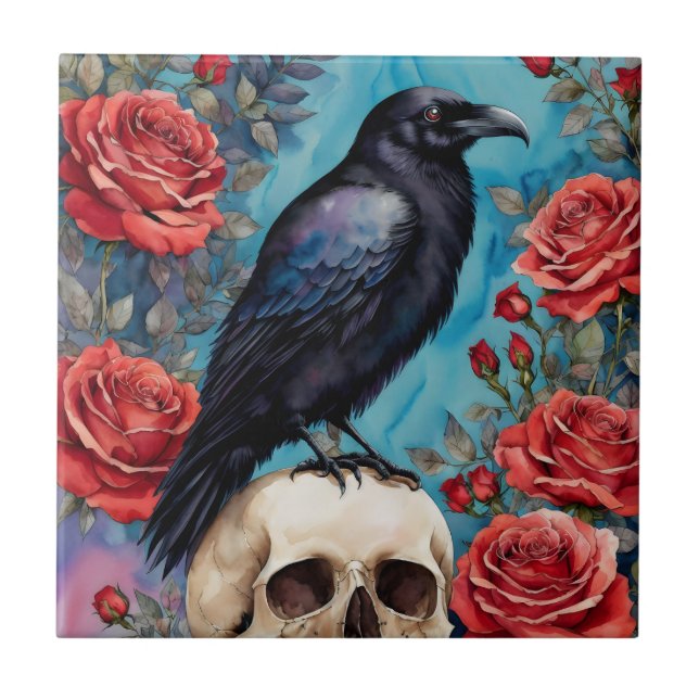 Raven Em Rosas vermelhas De Crânio À Noite (Frente)