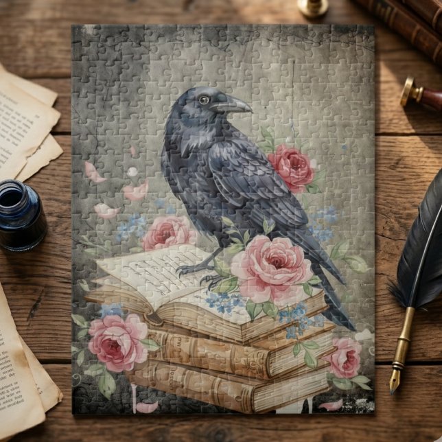 Raven & Roses Quebra-Cabeça Gótico – Arte de Pássa (Gothic raven and roses literary jigsaw puzzle)