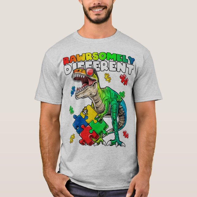 Rawrsomely different dinosaur autism awareness top (Frente)