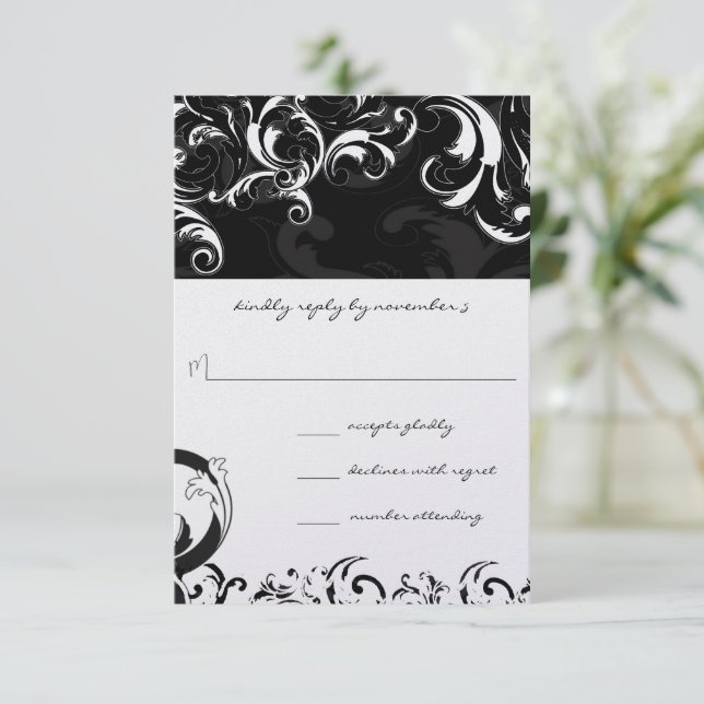 Real Black Swirls Wedding RSVP (Em pé/Frente)