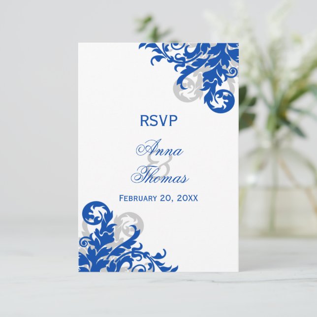Real Blue e Silver Flourish Wedish RSVP (Em pé/Frente)