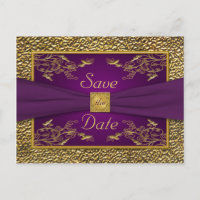 Real Roxo, Dourado Floral Salve a Data Cartão Post