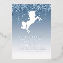 Real Silver Foil Unicorn Girly Birthday (ANY) Azul