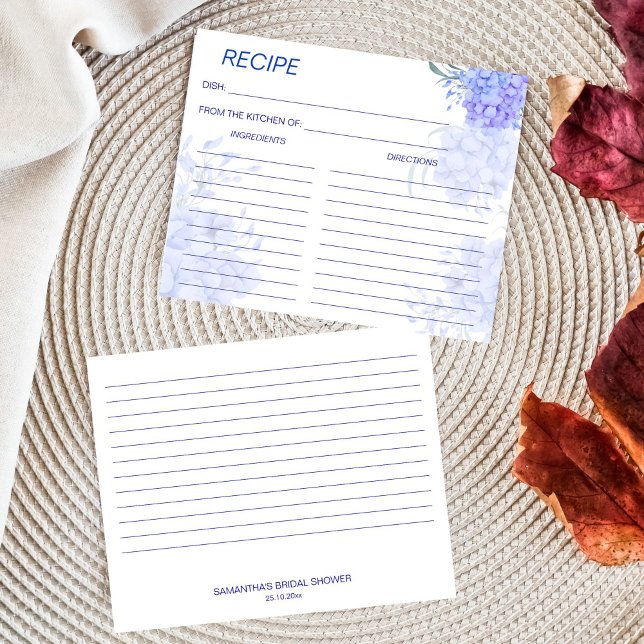 Receita de chá de panela de noiva com hortênsia az (Something blue hydrangea floral bridal shower recipe card)