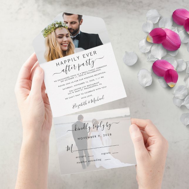 Recepção de Casamento com 2 Fotos Elegantes (An chic Happily Ever After Party all-in-one invitation for your wedding celebration)