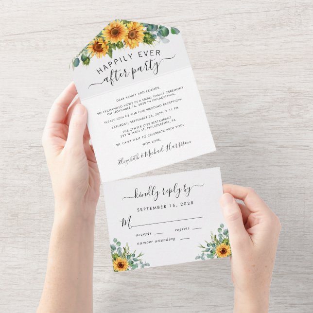 Recepção de Casamento com Aquarela de Girassol e E (Aba destacável)