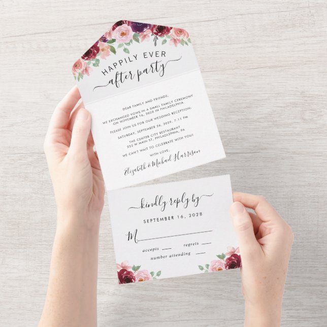 Recepção de Casamento com Aquarela Rosa Borgonha F (Aba destacável)
