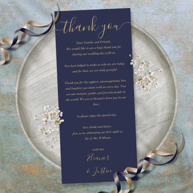 Recepção de casamento Obrigado Cartão Azul Dourado (Wedding Reception Thank You Blue Gold Place Card)