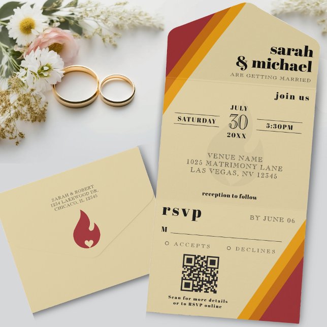 Recepção de casamento Retro Fire Heart Strike (Retro Fire Heart Striped Wedding Reception All In One Invitation
)