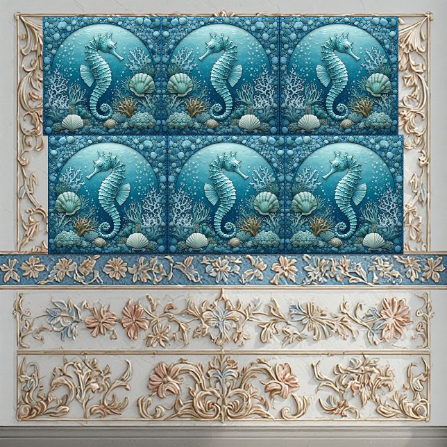 Recife de Coral Costeiro Meia Lua Vida Marinha Cav (Half Moon Coastal Coral Reef Marine Life Seahorse Ceramic Tile)