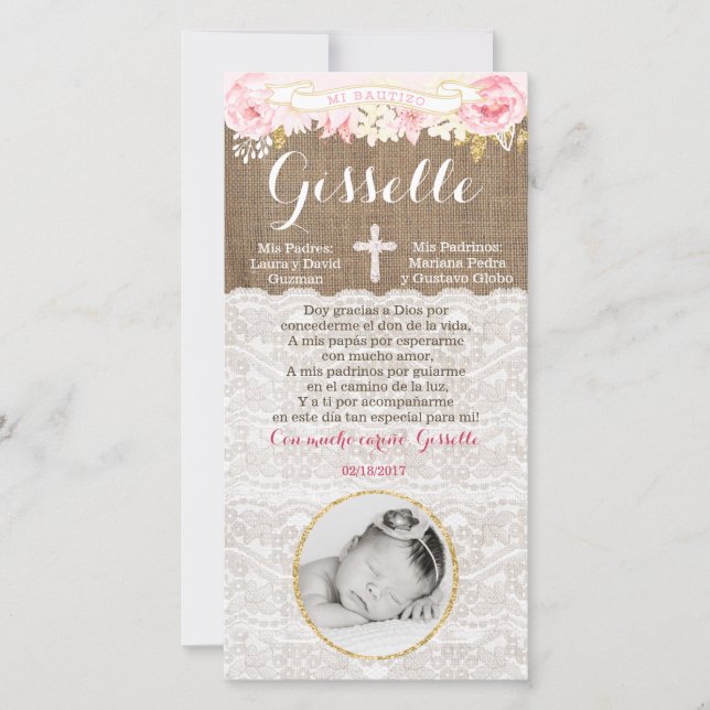 Recuerdo de Bautizo, tarjeta de recuerdo (Frente)