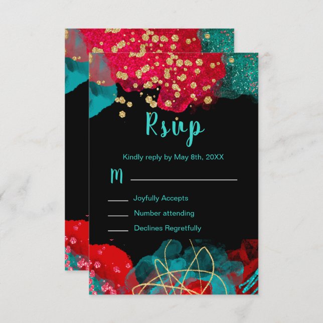 Red Alcohol Ink Sweet 16 Birthday Party RSVP (Frente/Verso)