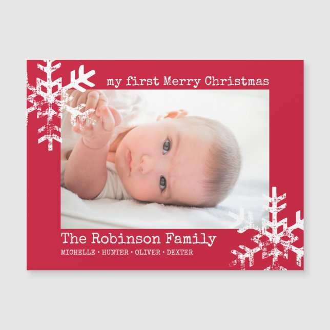 Red Baby Holiday First Christmas Photo Snowflakes (Frente)