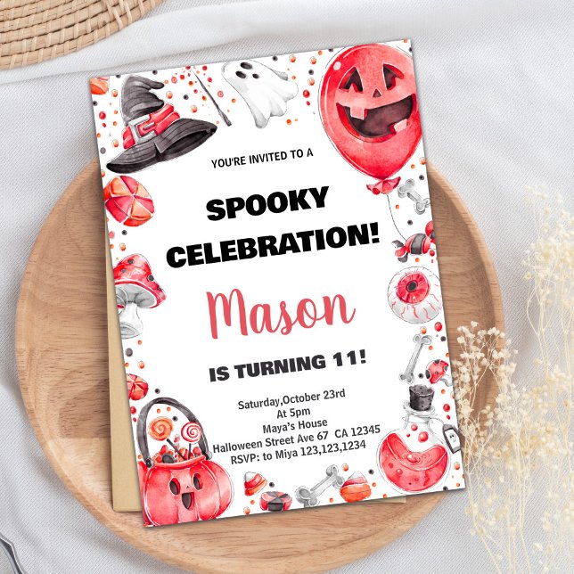 Red Ballon Halloween Convite de Aniversário (Red Ballon Halloween Birthday Invitations)