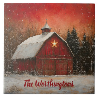 Red Barn & Snow Orange Winter Sunset Farmhouse 