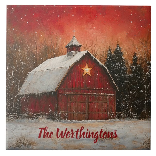 Red Barn & Snow Orange Winter Sunset Farmhouse  (Frente)