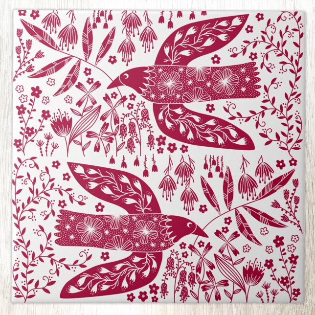Red Bird Art (Red and white folk art style peace doves and flowers bird art ceramic tile)