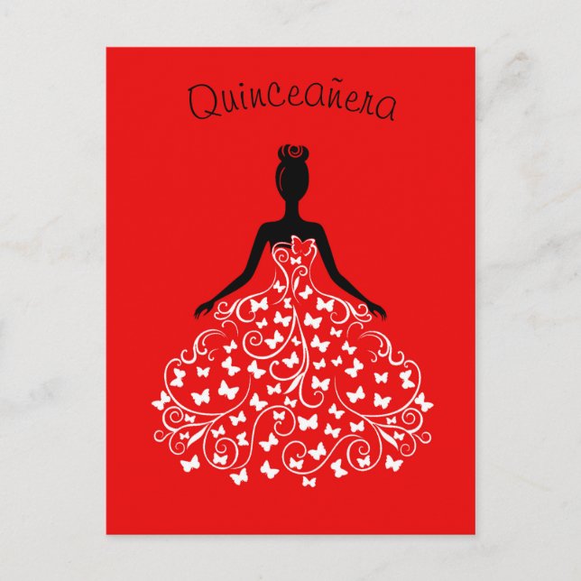 Red Black Butterfly Gown Quinceanera Convite (Frente)