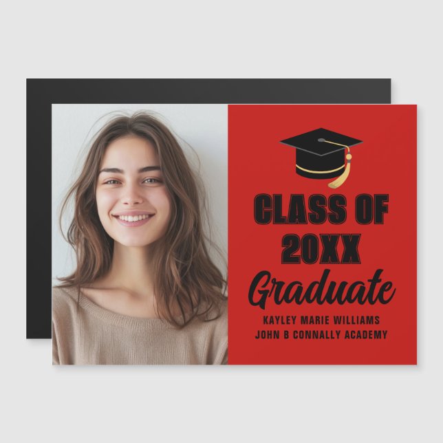 Red Black Class of 2026 Graduation Photo Magnet (Frente/Verso)
